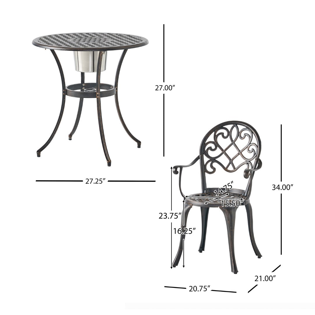 Christopher Knight Home® Angeles Outdoor Cast Aluminum Bistro Dining Set with Integrated Ice Bucket for Al Fresco Meals