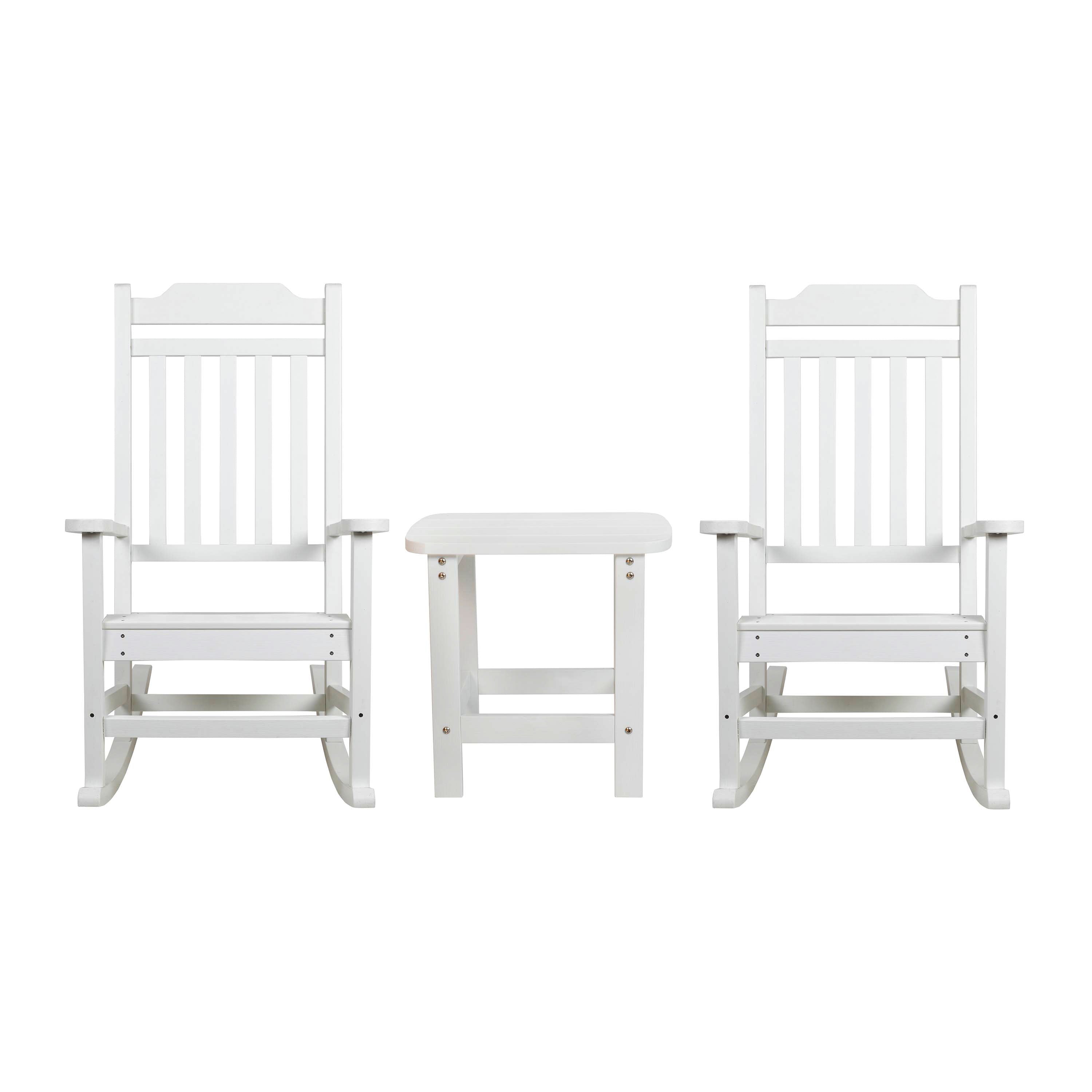 Premium Set of Two All-Weather UV-Resistant Poly Resin Rocking Chairs with an Adirondack Style Side Table for Indoor and Outdoor Use