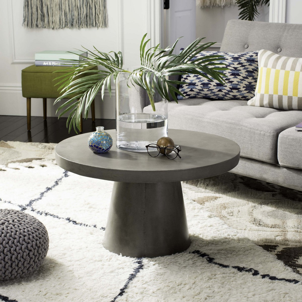 Delfia Contemporary Circular Coffee Table in 27.56-inch Dark Grey Concrete for Both Indoor and Outdoor Sophistication