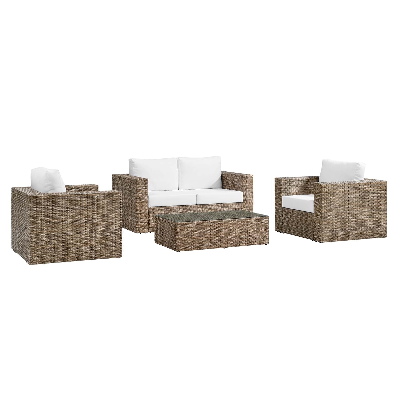 Convene Outdoor Patio 4-Piece Furniture Set - Elegant Synthetic Rattan Weave Design, All-Weather Resistant Cushions and Tempered Glass Top Table for Outdoor Spaces