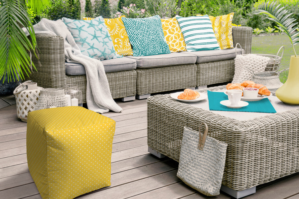 Stylish and Comfortable Turquoise Indoor-Outdoor Polka Dot Pouf Ottoman for Home Decor and Patio Relaxation