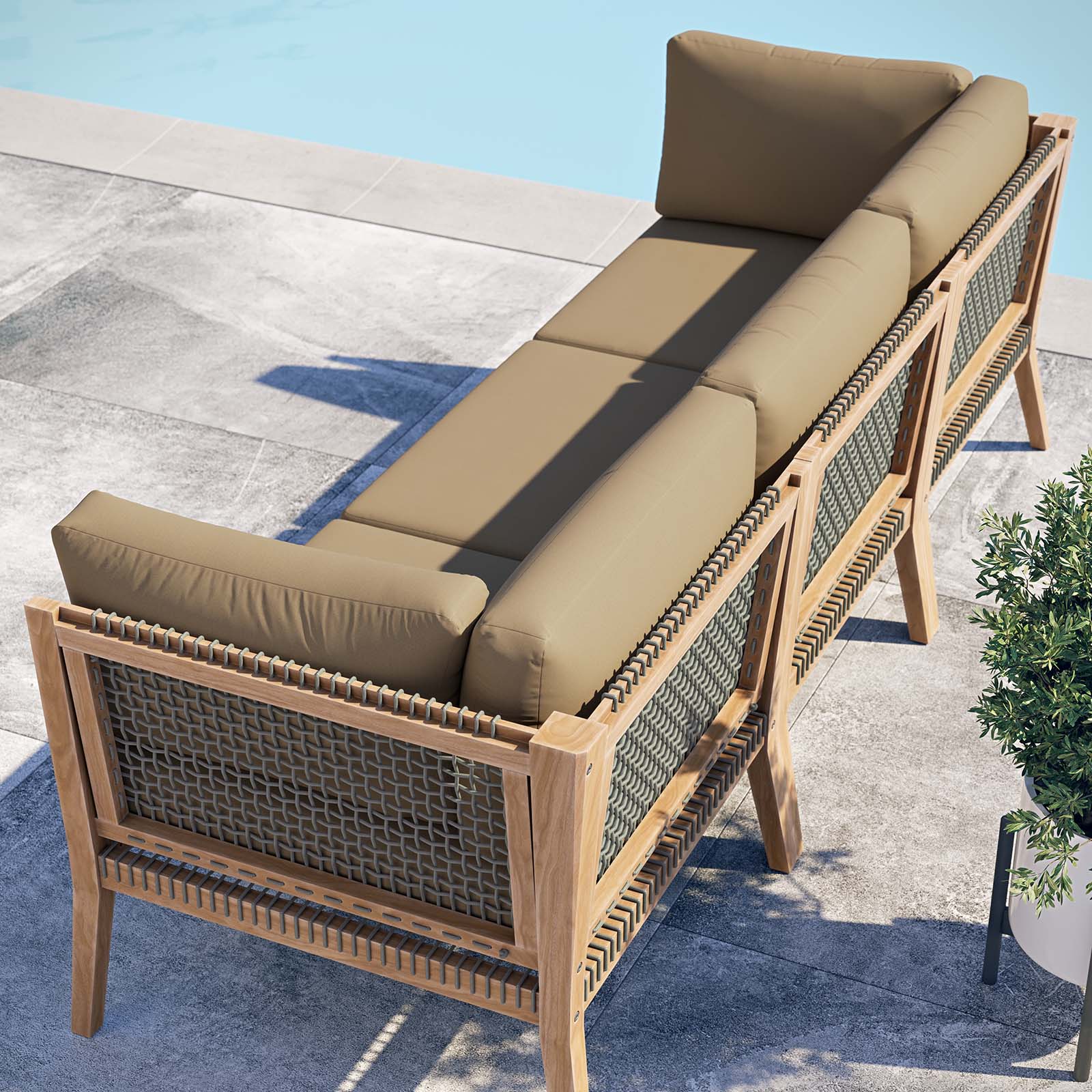 Clearwater Premium Teak Outdoor Patio Sofa with Stylish Rope Webbing and Comfort Cushions