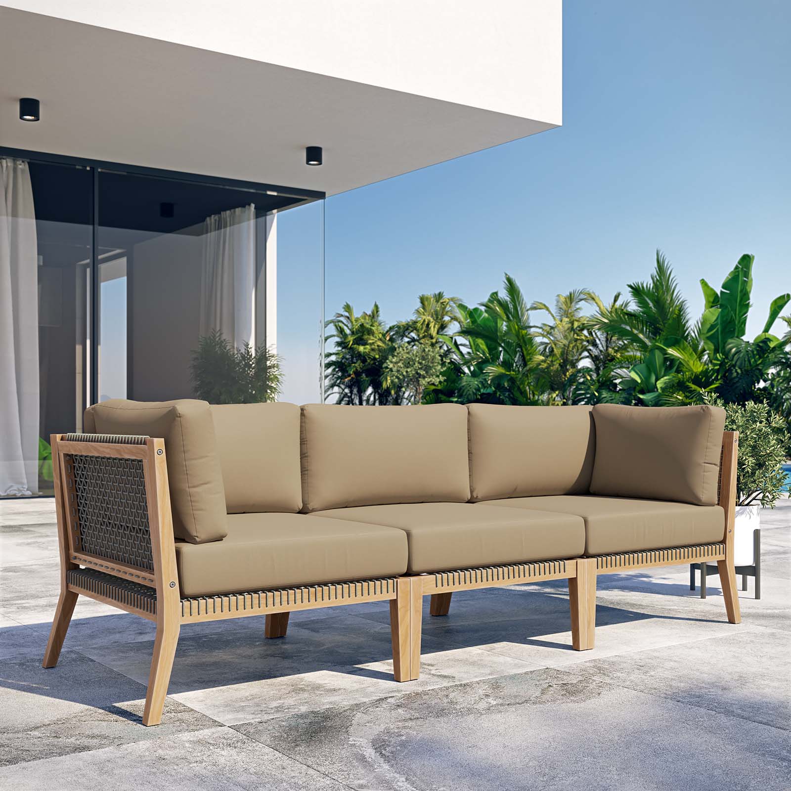 Clearwater Premium Teak Outdoor Patio Sofa with Stylish Rope Webbing and Comfort Cushions