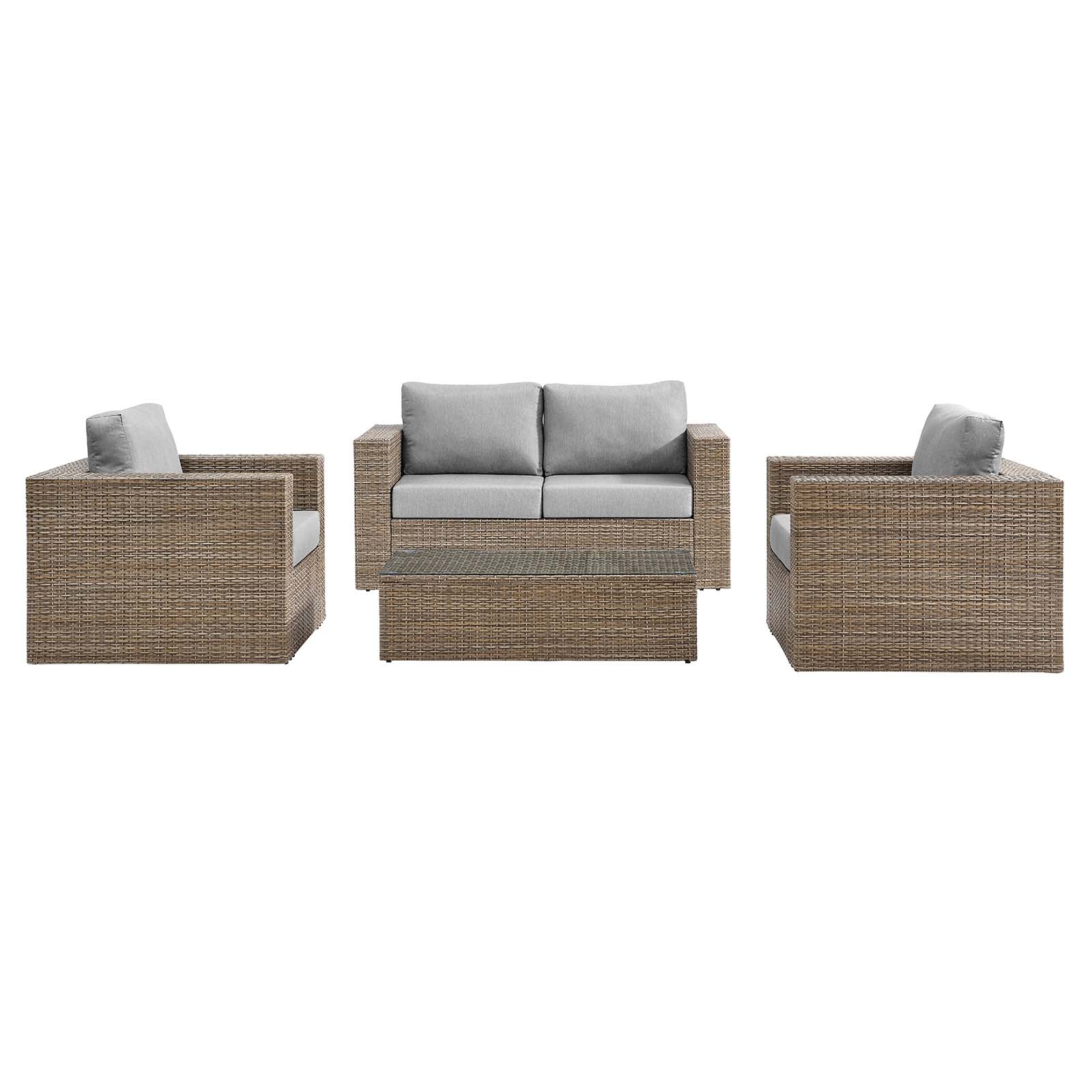Convene Outdoor Patio 4-Piece Furniture Set - Elegant Synthetic Rattan Weave Design, All-Weather Resistant Cushions and Tempered Glass Top Table for Outdoor Spaces