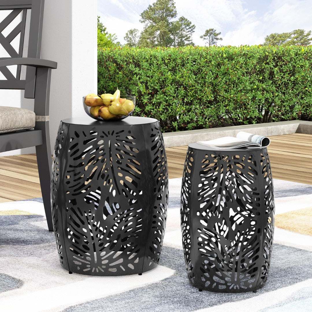 Christopher Knight Home® Satterlee Outdoor Metal Side Table Set of 2 - Stylish Barrel-Shaped Design