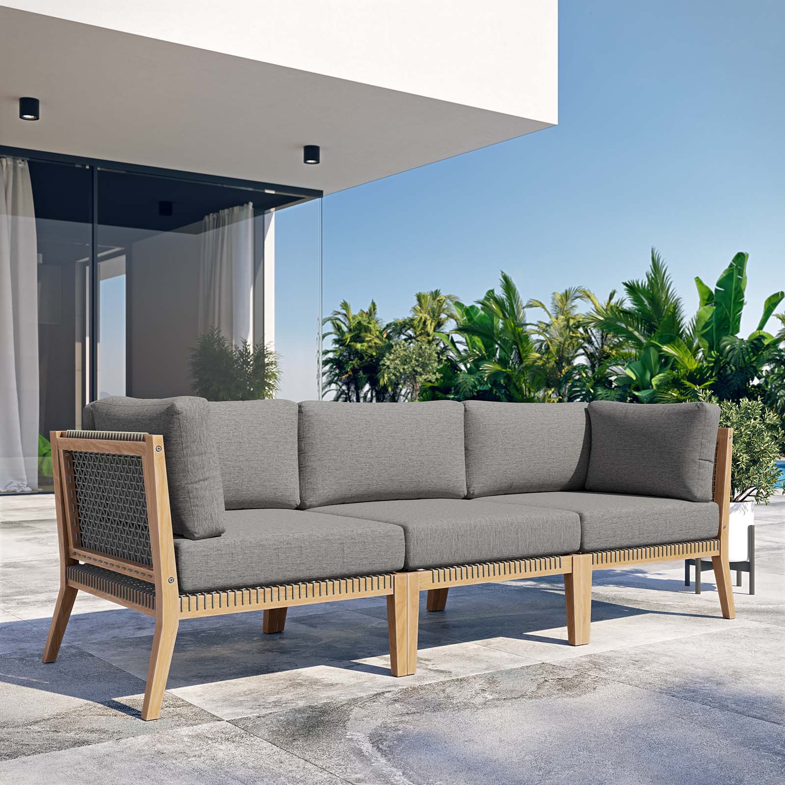 Clearwater Premium Teak Outdoor Patio Sofa with Stylish Rope Webbing and Comfort Cushions
