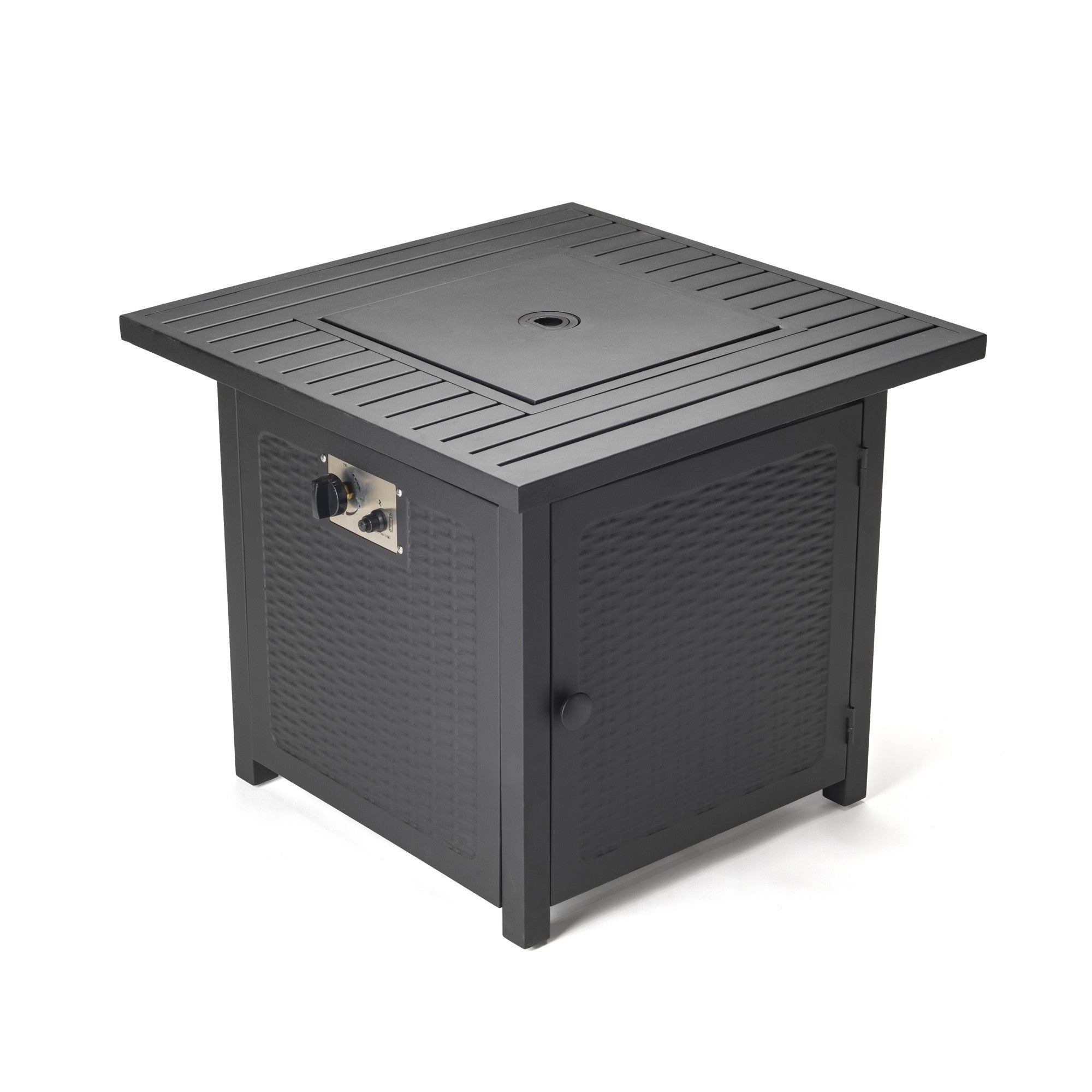 Stylish Matte Black Square Propane Outdoor Fire Pit with Weather - Resistant Cover, 50,000 BTU, and Attractive Lava Rocks for Versatile Tabletop Use