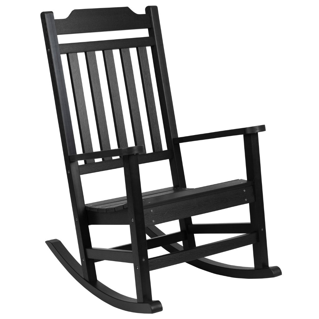 Premium Set of Two All-Weather UV-Resistant Poly Resin Rocking Chairs with an Adirondack Style Side Table for Indoor and Outdoor Use