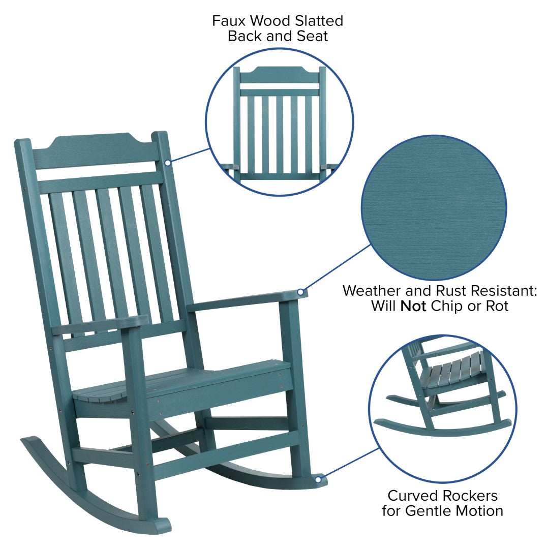 Premium Set of Two All-Weather UV-Resistant Poly Resin Rocking Chairs with an Adirondack Style Side Table for Indoor and Outdoor Use
