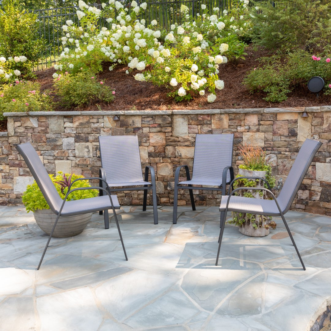 Commercial-Grade Outdoor Stackable 4-Pack Patio Chairs with Flex Comfort Material and Sturdy Metal Frame