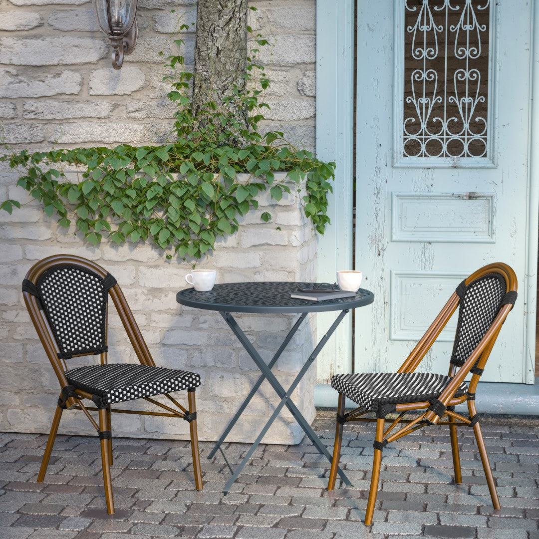 Commercial-Grade Set of Two Indoor/Outdoor Commercial French Bistro Stackable Chairs with White Polyethylene Rattan Back and Seat and Natural Bamboo-Printed Aluminum Frame