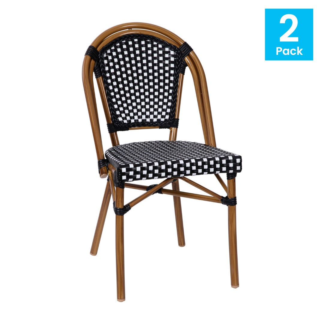 Commercial-Grade Set of Two Indoor/Outdoor Commercial French Bistro Stackable Chairs with White Polyethylene Rattan Back and Seat and Natural Bamboo-Printed Aluminum Frame
