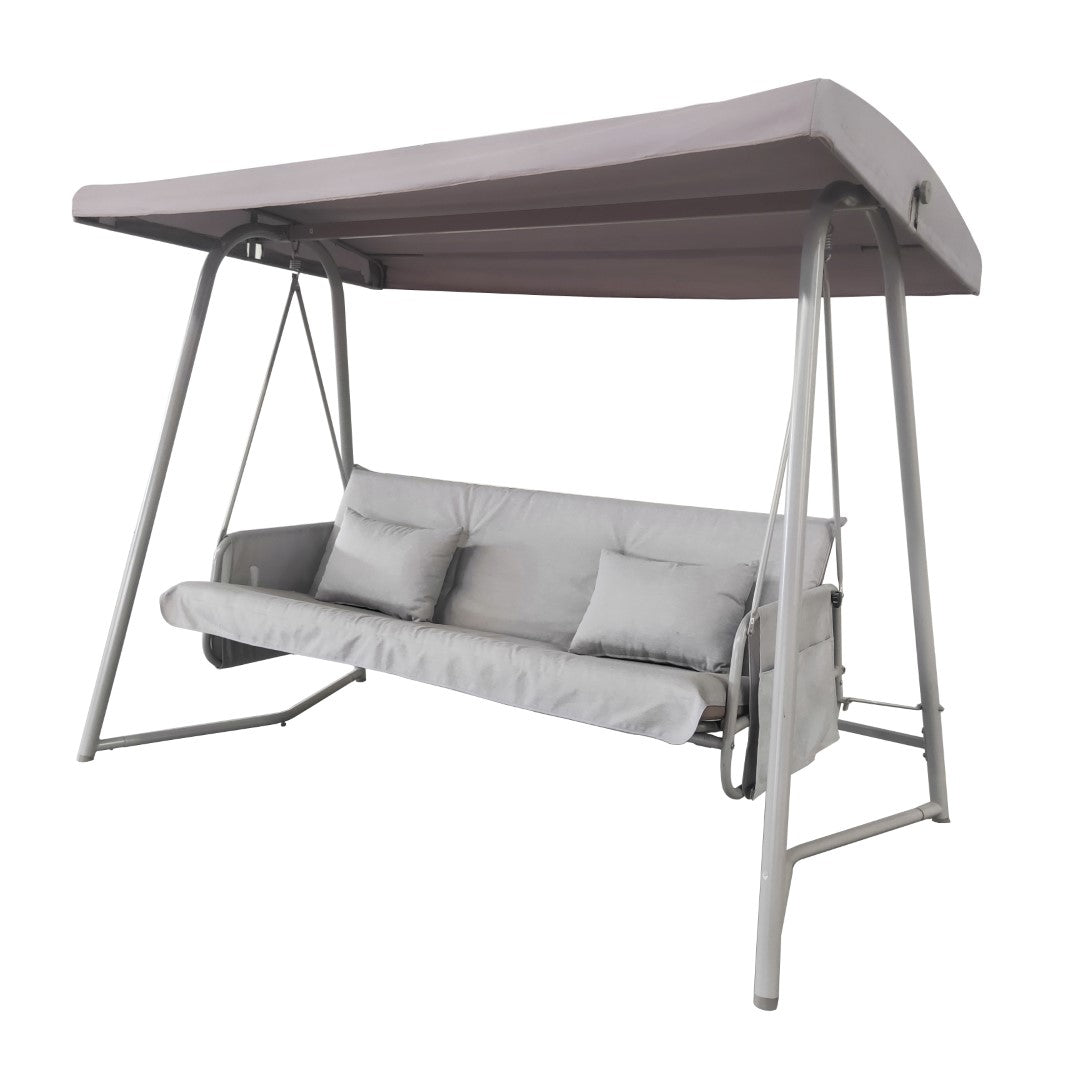 Champagne-Colored Outdoor Patio 3-Seater Metal Swing Bed with Adjustable Canopy and Cushions