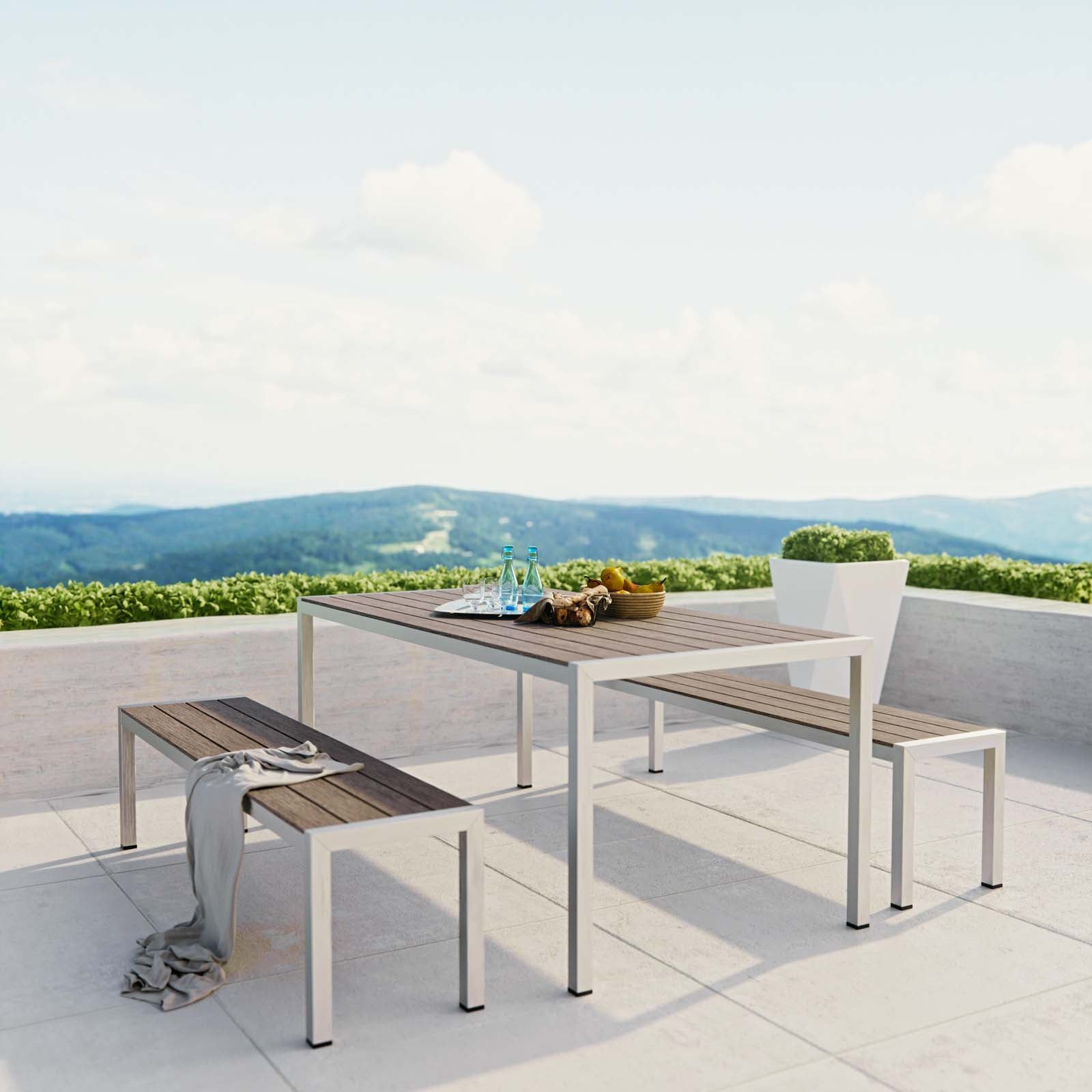 Shore 3-Piece Contemporary Outdoor Dining Set with a Sleek Anodized Aluminum Frame and Elegant Wood Accents for Patio and Backyard Use