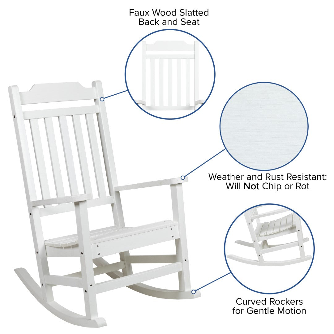 Premium Set of Two All-Weather UV-Resistant Poly Resin Rocking Chairs with an Adirondack Style Side Table for Indoor and Outdoor Use