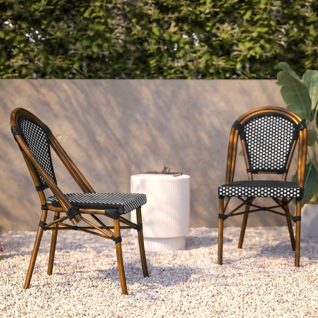 Commercial-Grade Set of Two Indoor/Outdoor Commercial French Bistro Stackable Chairs with White Polyethylene Rattan Back and Seat and Natural Bamboo-Printed Aluminum Frame
