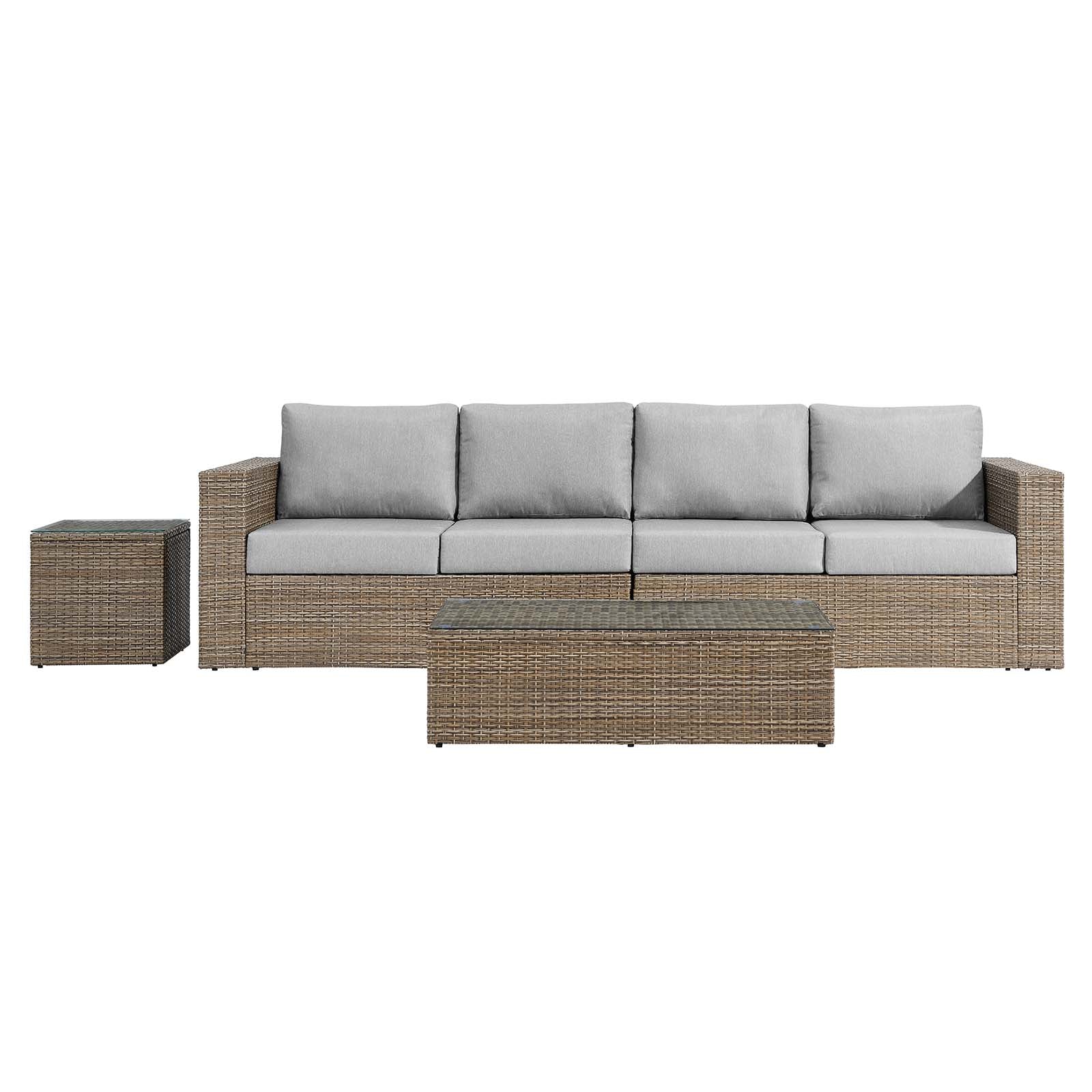 Convene Outdoor Patio 4-Piece Furniture Set - Elegant Synthetic Rattan Weave Design, All-Weather Resistant Cushions and Tempered Glass Top Table for Outdoor Spaces