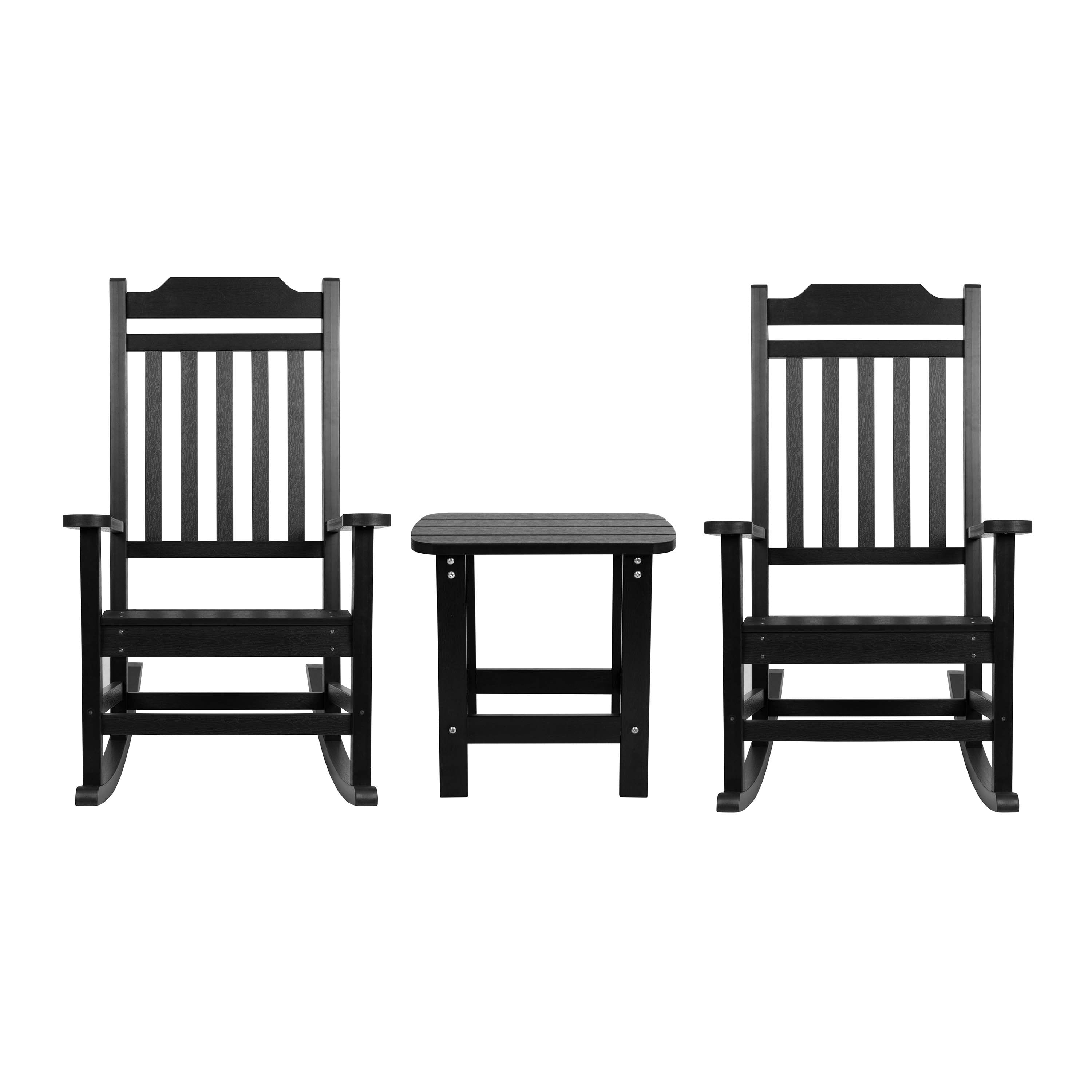 Premium Set of Two All-Weather UV-Resistant Poly Resin Rocking Chairs with an Adirondack Style Side Table for Indoor and Outdoor Use