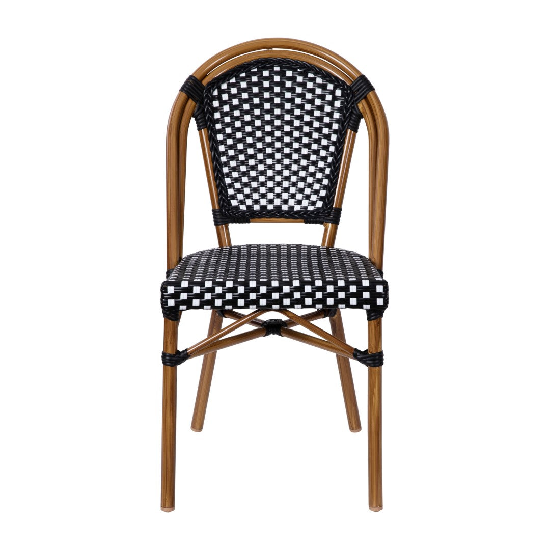 Commercial-Grade Set of Two Indoor/Outdoor Commercial French Bistro Stackable Chairs with White Polyethylene Rattan Back and Seat and Natural Bamboo-Printed Aluminum Frame