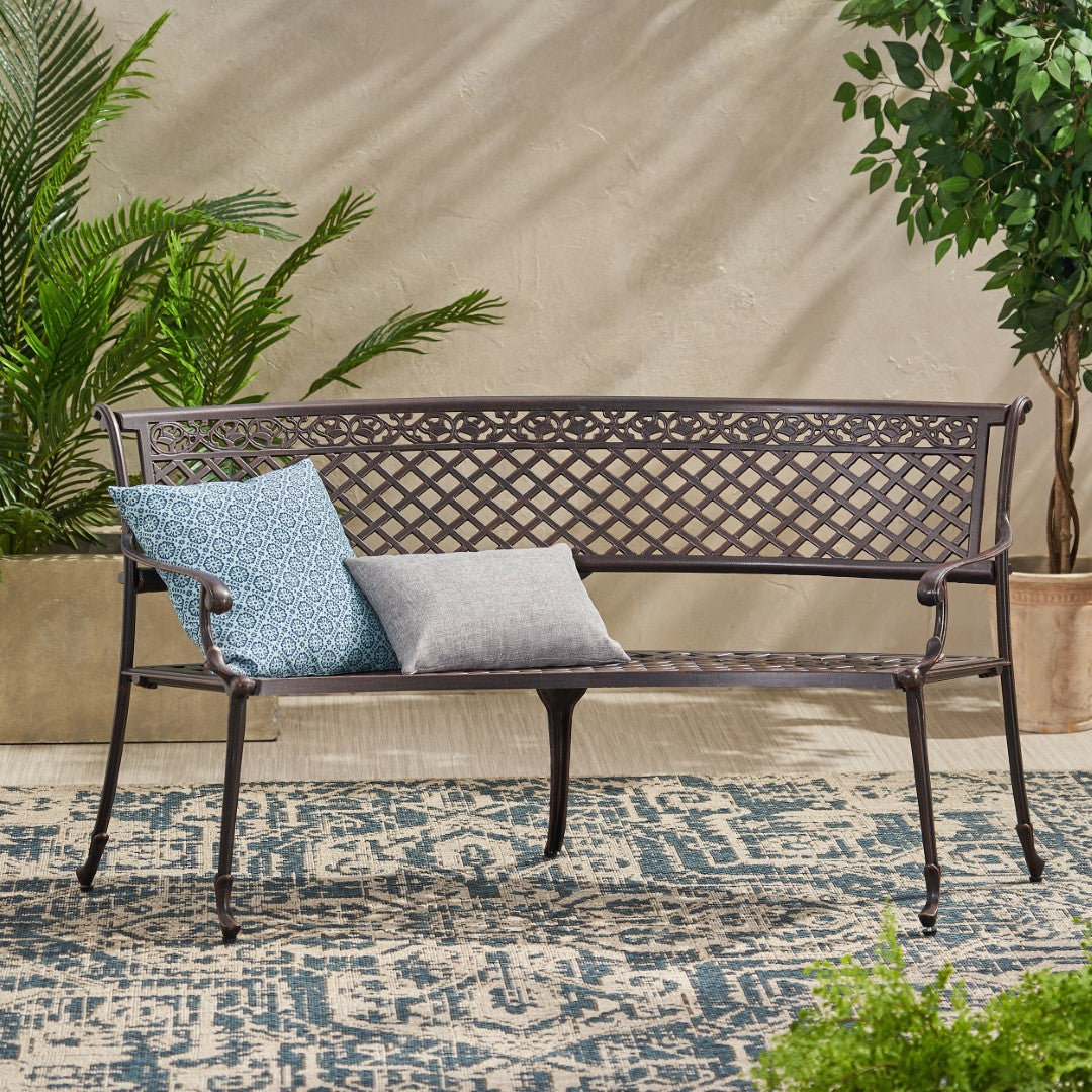 Christopher Knight Home® Tahoe Sector Outdoor Curved Loveseat Bench in Copper - Sturdy Aluminum, Diamond - Cross Design, 65x27x32.75