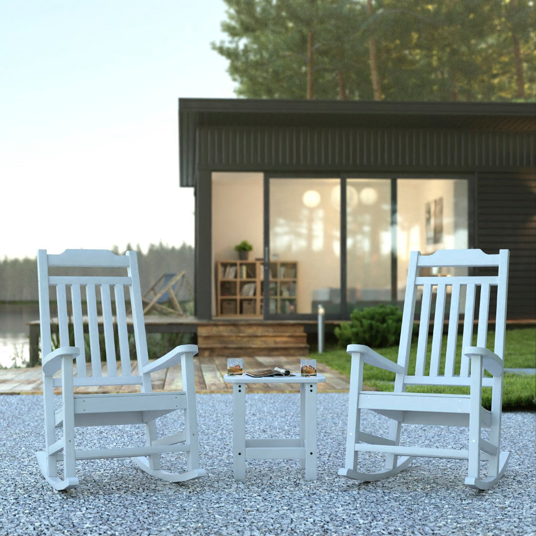 Premium Set of Two All-Weather UV-Resistant Poly Resin Rocking Chairs with an Adirondack Style Side Table for Indoor and Outdoor Use