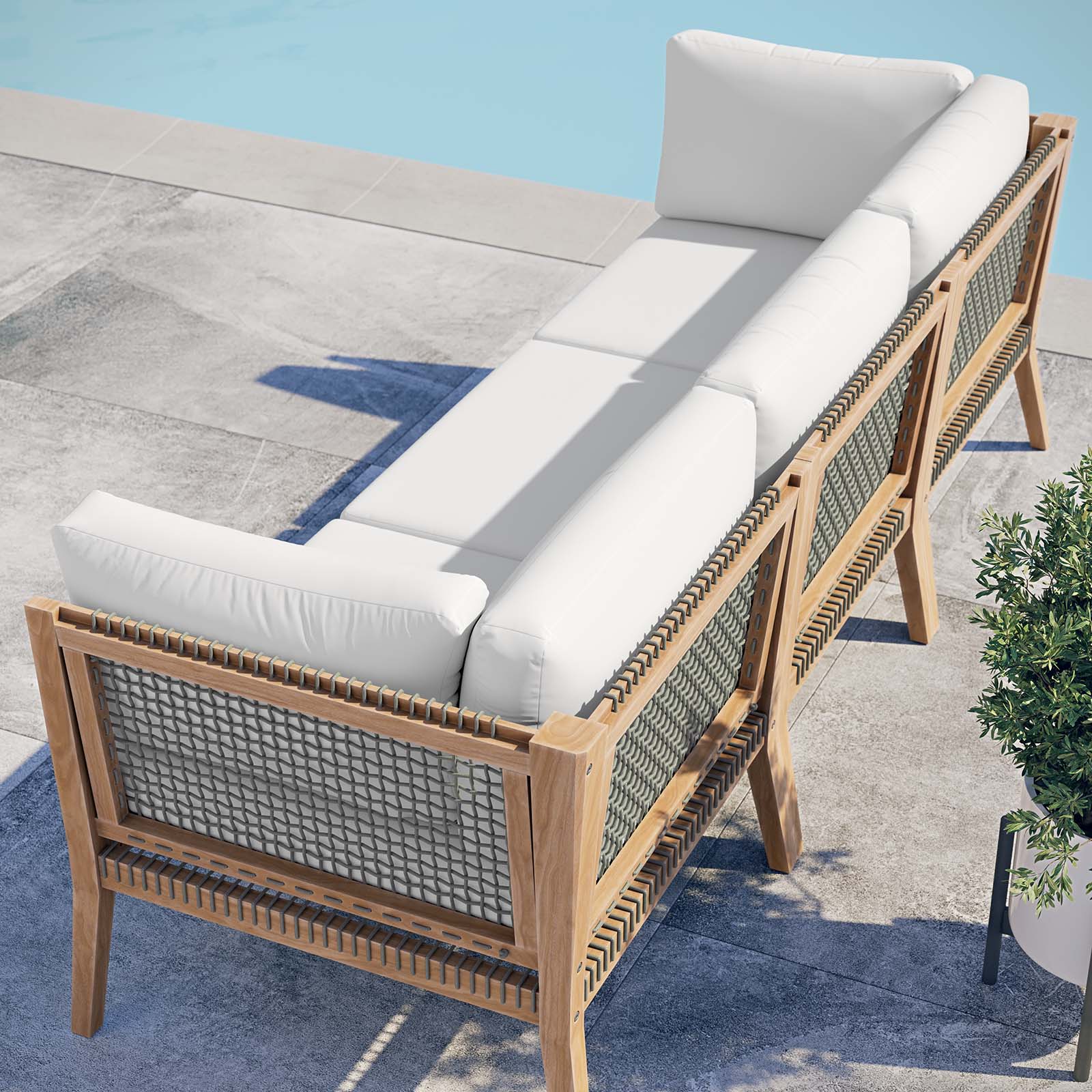 Clearwater Premium Teak Outdoor Patio Sofa with Stylish Rope Webbing and Comfort Cushions