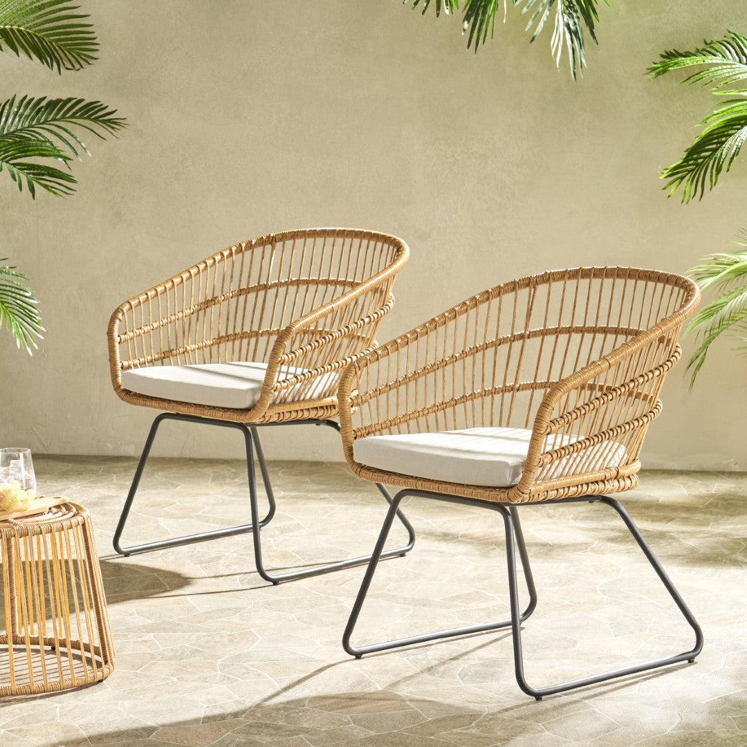 Christopher Knight Home® Lemere 2 - Piece Light Brown, Beige & Black Outdoor Wicker Dining Chairs with Cushions