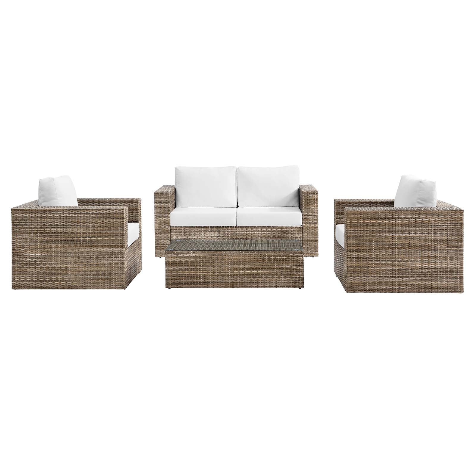 Convene Outdoor Patio 4-Piece Furniture Set - Elegant Synthetic Rattan Weave Design, All-Weather Resistant Cushions and Tempered Glass Top Table for Outdoor Spaces