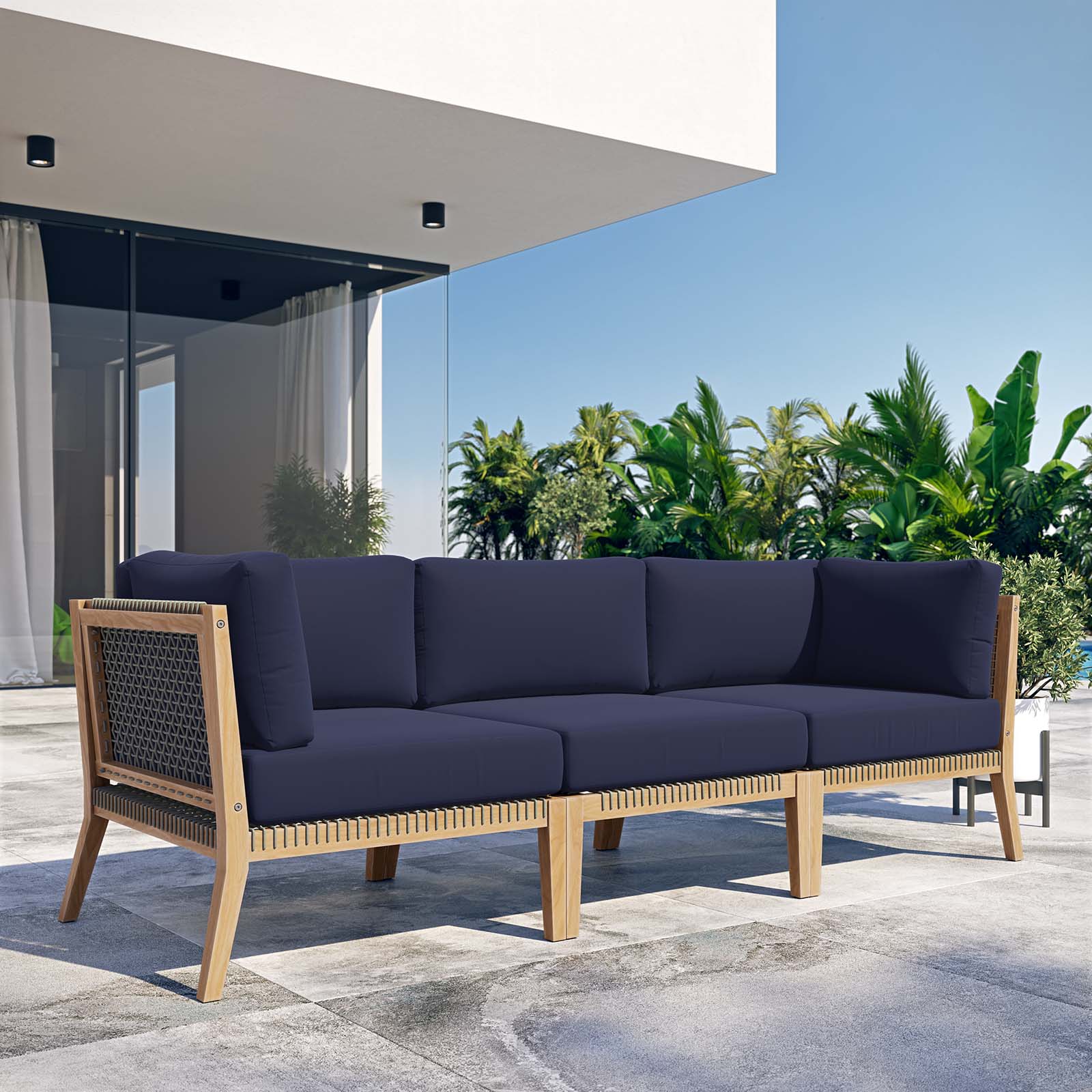 Clearwater Premium Teak Outdoor Patio Sofa with Stylish Rope Webbing and Comfort Cushions