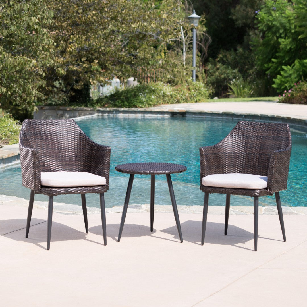 Christopher Knight Home® Iona Three - Piece Outdoor Wicker Conversation Set in Multi - Brown Shades with Dark Brown - Finished Metal Legs and Beige - Colored Cushions