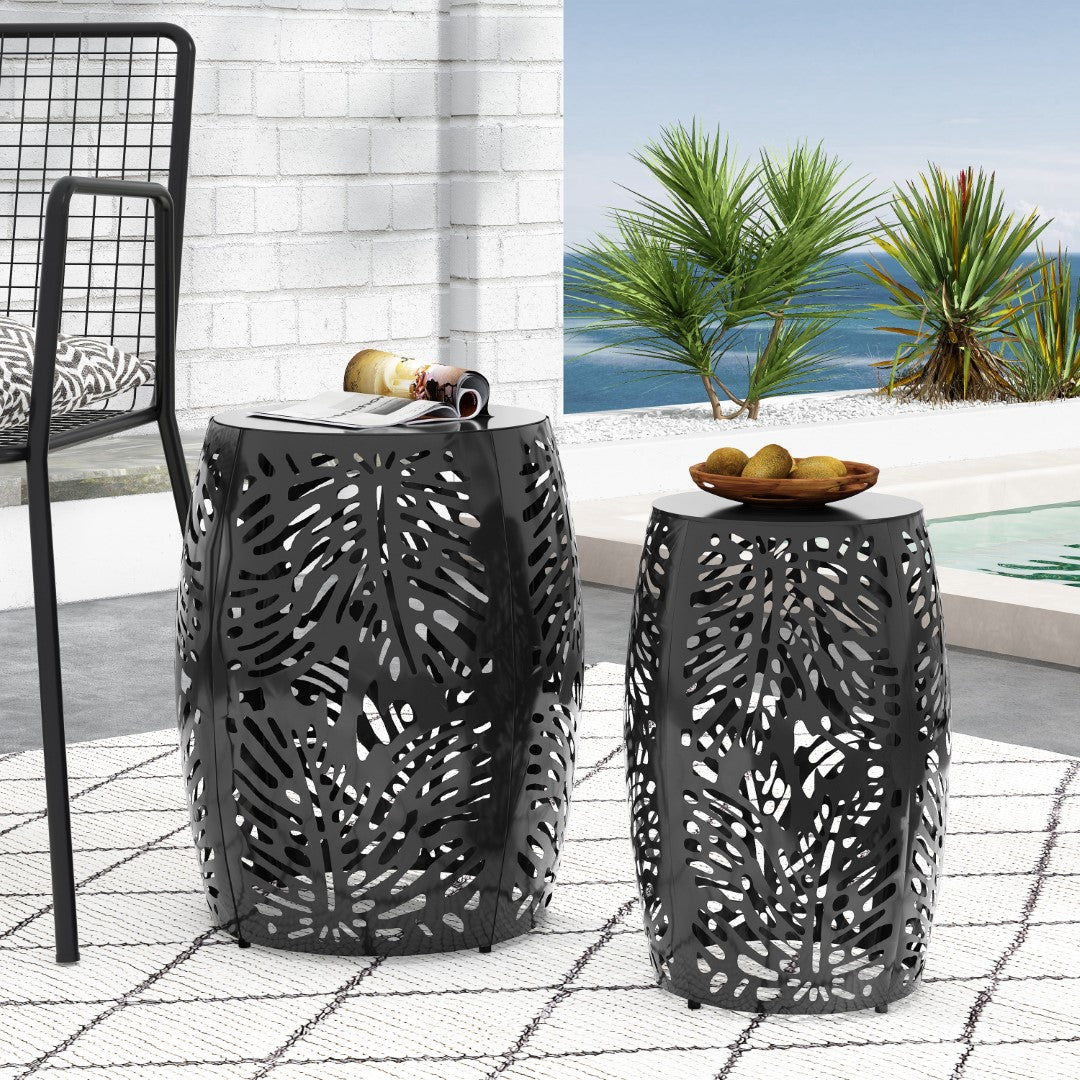 Christopher Knight Home® Satterlee Outdoor Metal Side Table Set of 2 - Stylish Barrel-Shaped Design