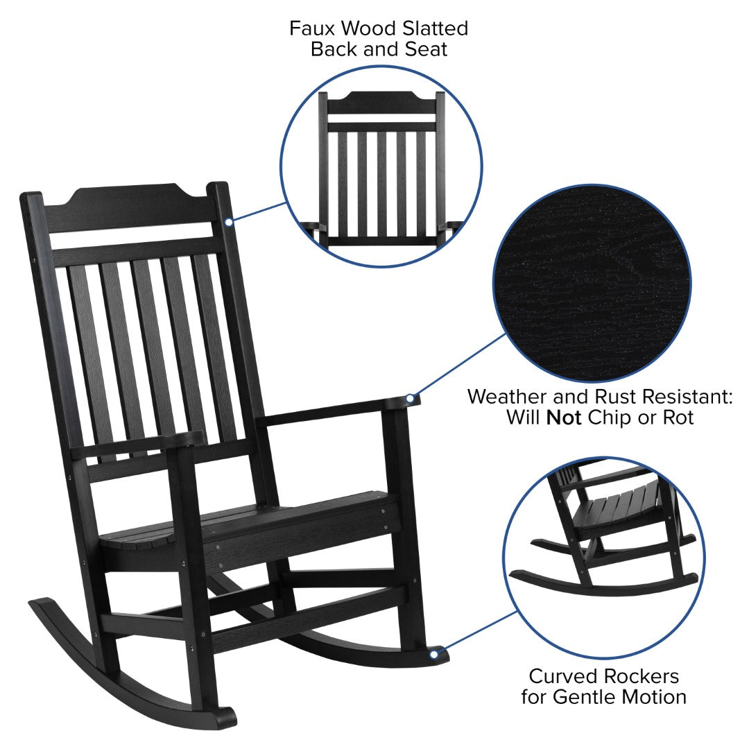 Premium Set of Two All-Weather UV-Resistant Poly Resin Rocking Chairs with an Adirondack Style Side Table for Indoor and Outdoor Use