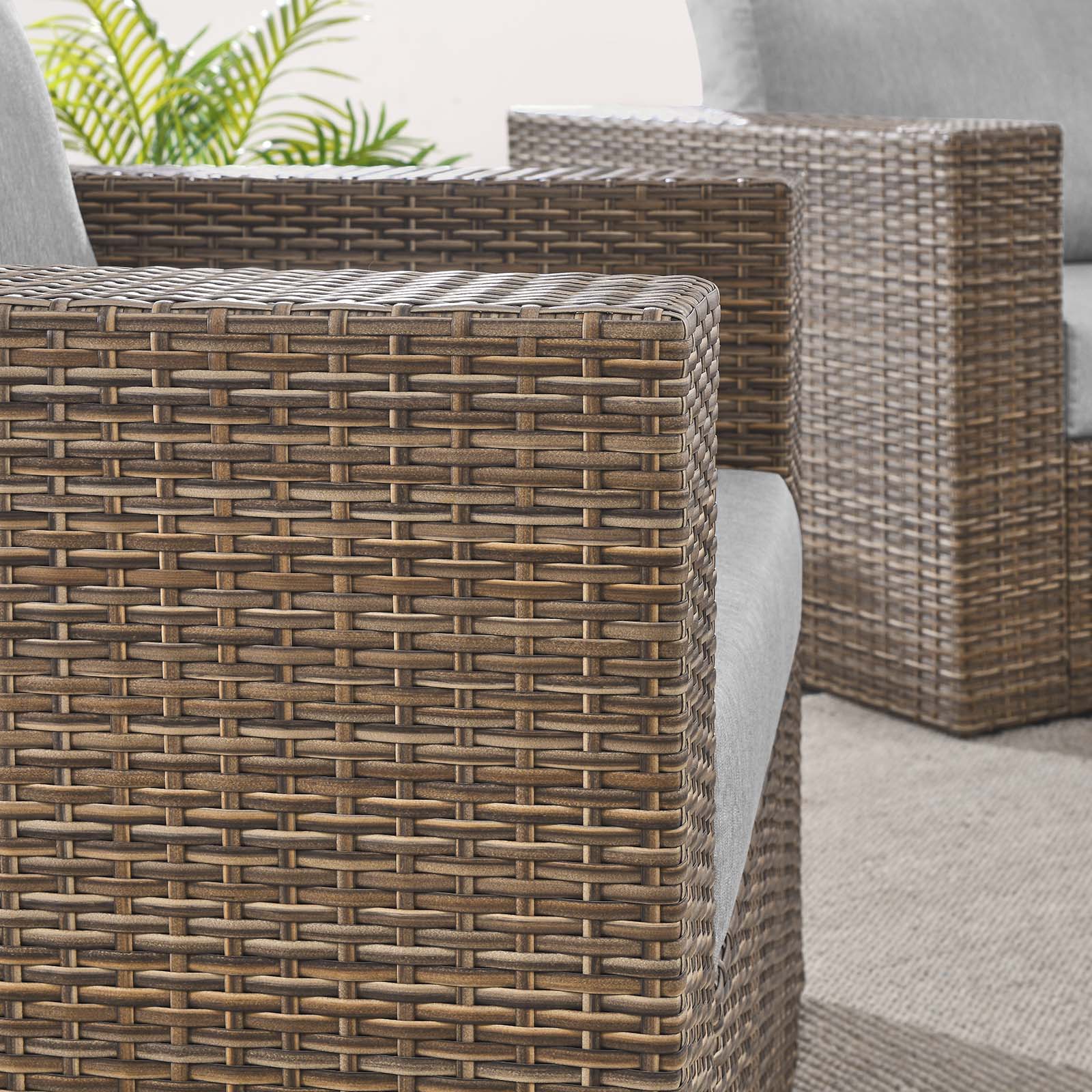 Convene Outdoor Patio 4-Piece Furniture Set - Elegant Synthetic Rattan Weave Design, All-Weather Resistant Cushions and Tempered Glass Top Table for Outdoor Spaces