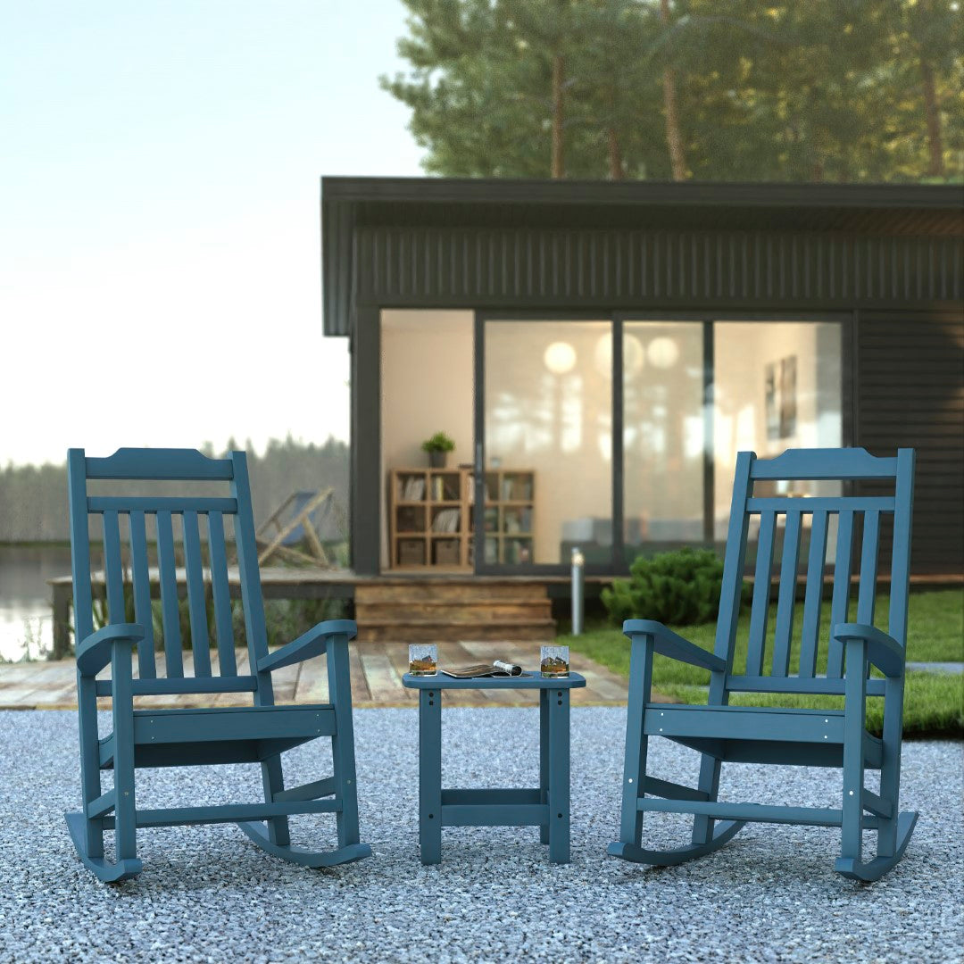 Premium Set of Two All-Weather UV-Resistant Poly Resin Rocking Chairs with an Adirondack Style Side Table for Indoor and Outdoor Use