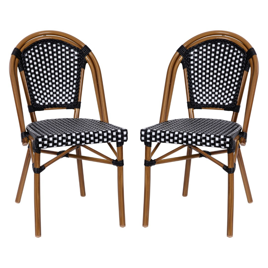 Commercial-Grade Set of Two Indoor/Outdoor Commercial French Bistro Stackable Chairs with White Polyethylene Rattan Back and Seat and Natural Bamboo-Printed Aluminum Frame