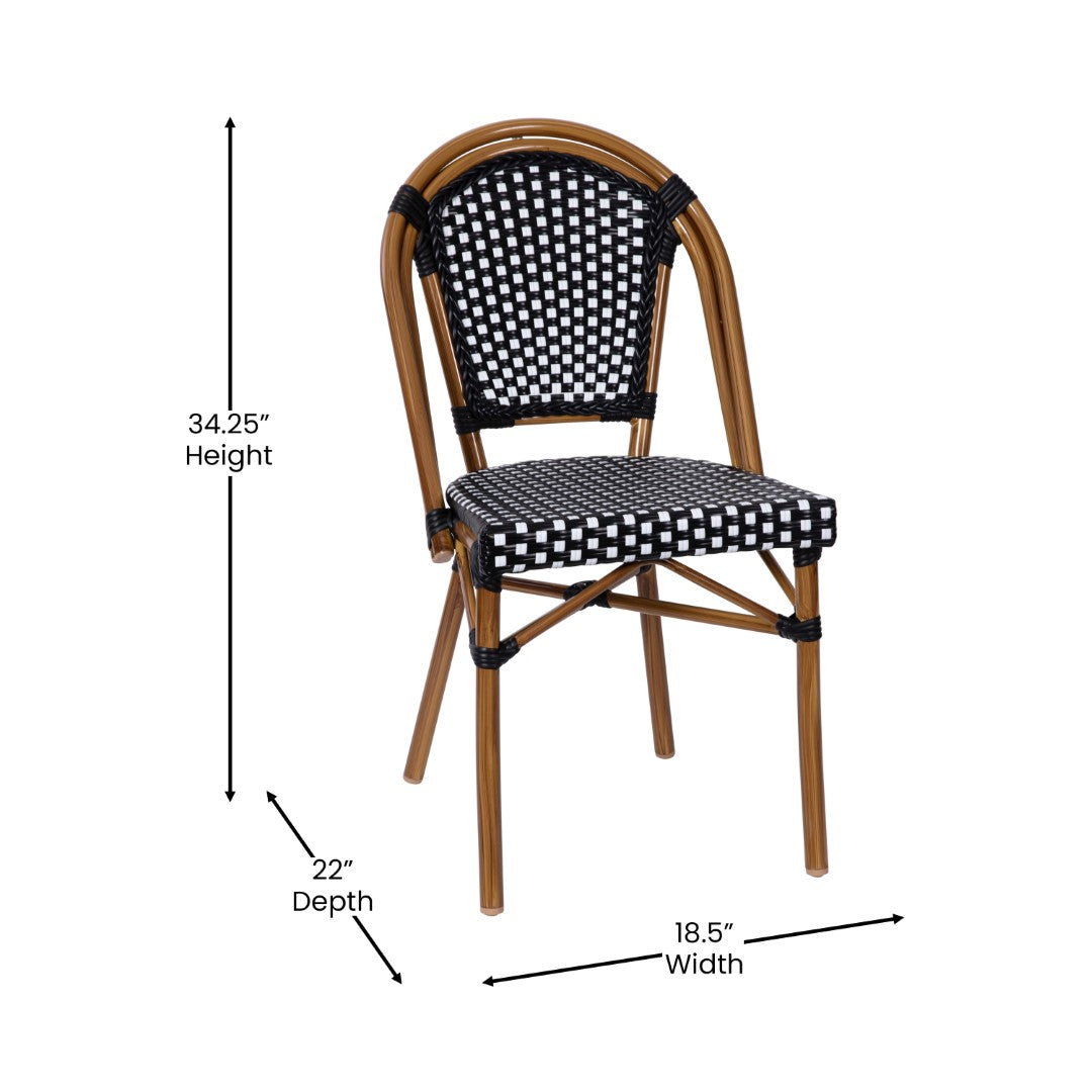 Commercial-Grade Set of Two Indoor/Outdoor Commercial French Bistro Stackable Chairs with White Polyethylene Rattan Back and Seat and Natural Bamboo-Printed Aluminum Frame