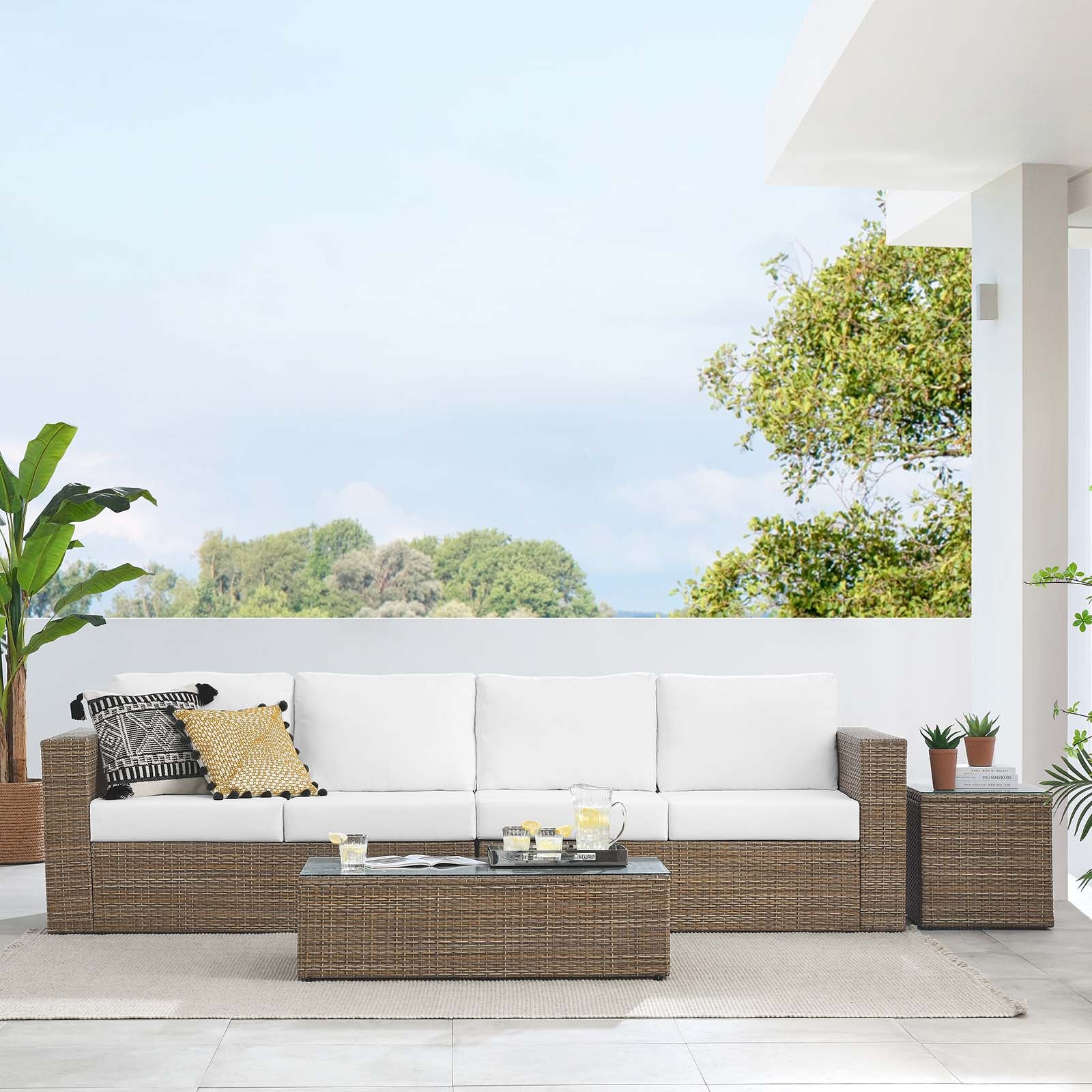 Convene Outdoor Patio 4-Piece Furniture Set - Elegant Synthetic Rattan Weave Design, All-Weather Resistant Cushions and Tempered Glass Top Table for Outdoor Spaces