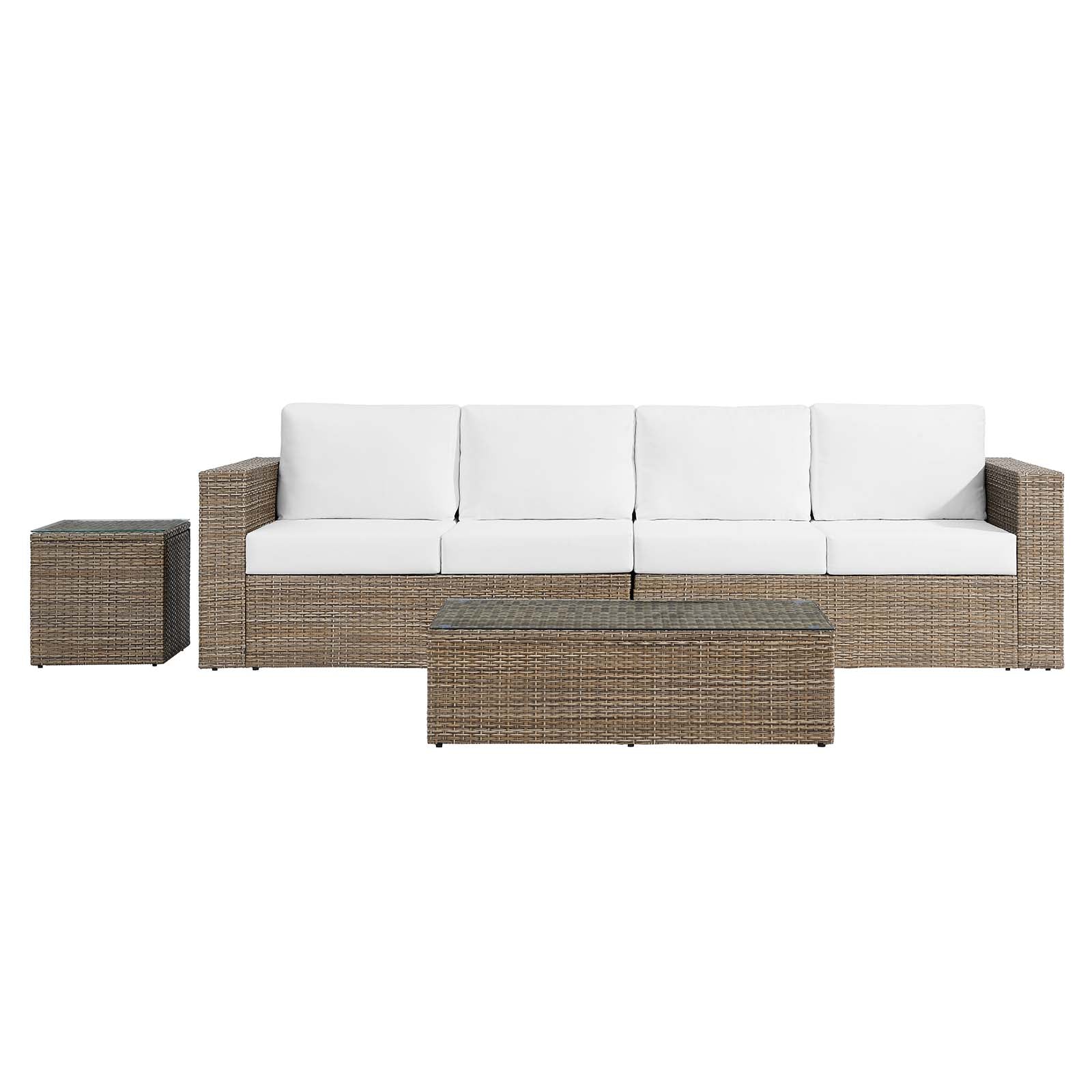 Convene Outdoor Patio 4-Piece Furniture Set - Elegant Synthetic Rattan Weave Design, All-Weather Resistant Cushions and Tempered Glass Top Table for Outdoor Spaces