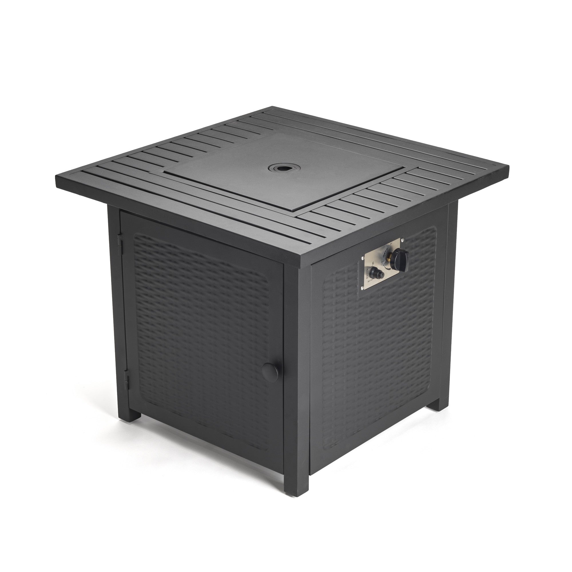 Stylish Matte Black Square Propane Outdoor Fire Pit with Weather - Resistant Cover, 50,000 BTU, and Attractive Lava Rocks for Versatile Tabletop Use