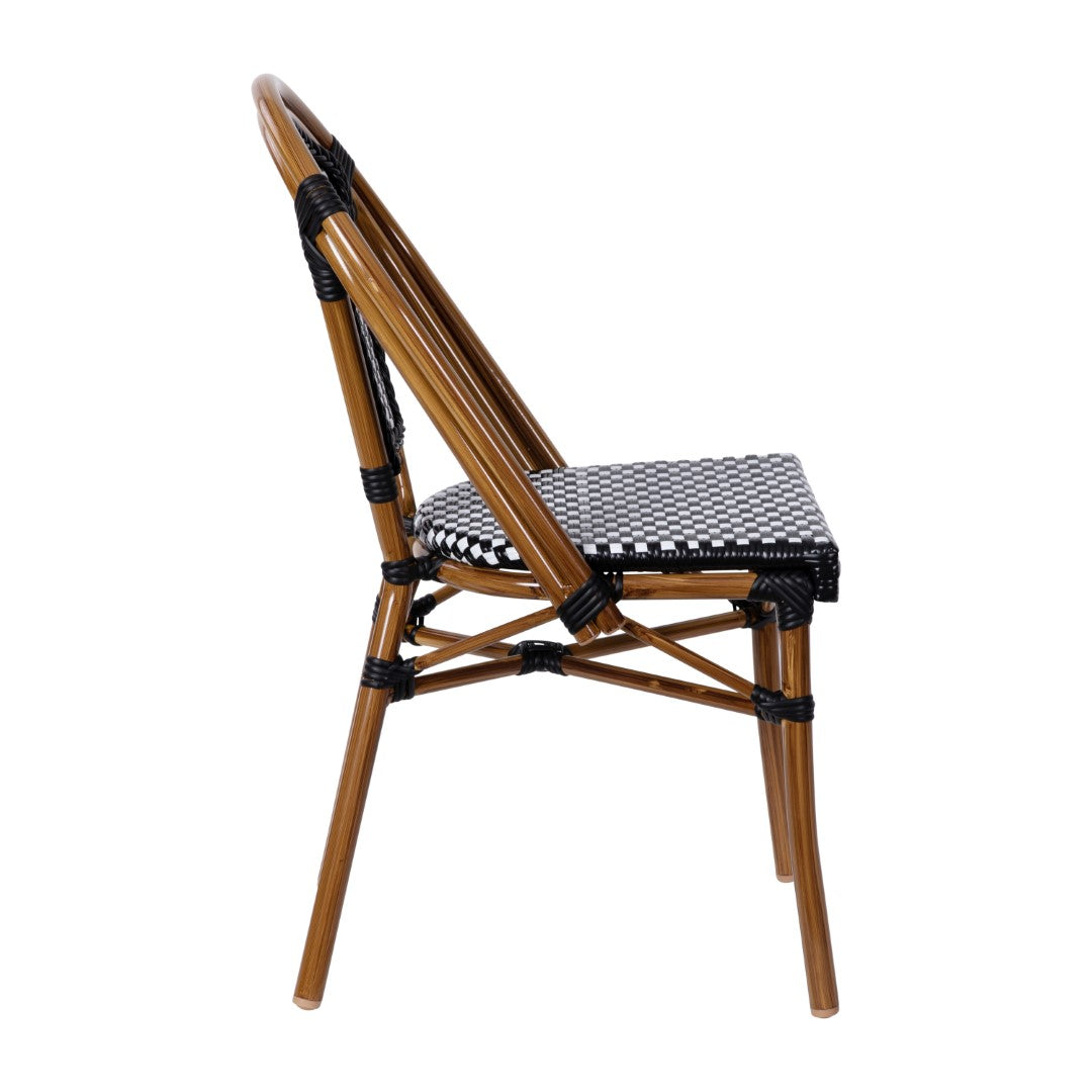 Commercial-Grade Set of Two Indoor/Outdoor Commercial French Bistro Stackable Chairs with White Polyethylene Rattan Back and Seat and Natural Bamboo-Printed Aluminum Frame