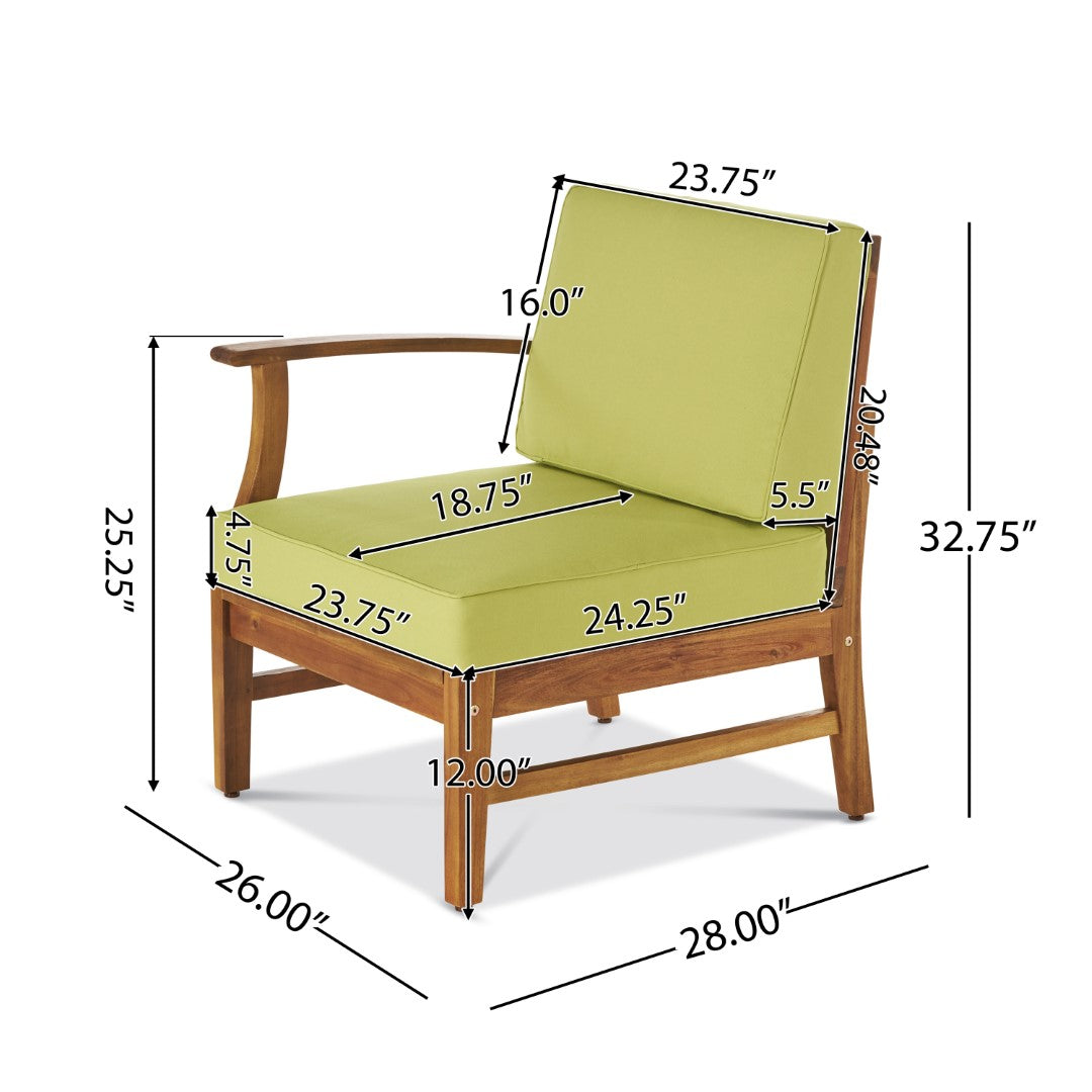 Christopher Knight Home® Outdoor Perla Left-Side Armchair Made of Acacia Wood, Featuring Green Water-Resistant Cushions for Comfort and Easy Maintenance, Dimensions: 26 x 28 x 32.75 Inches