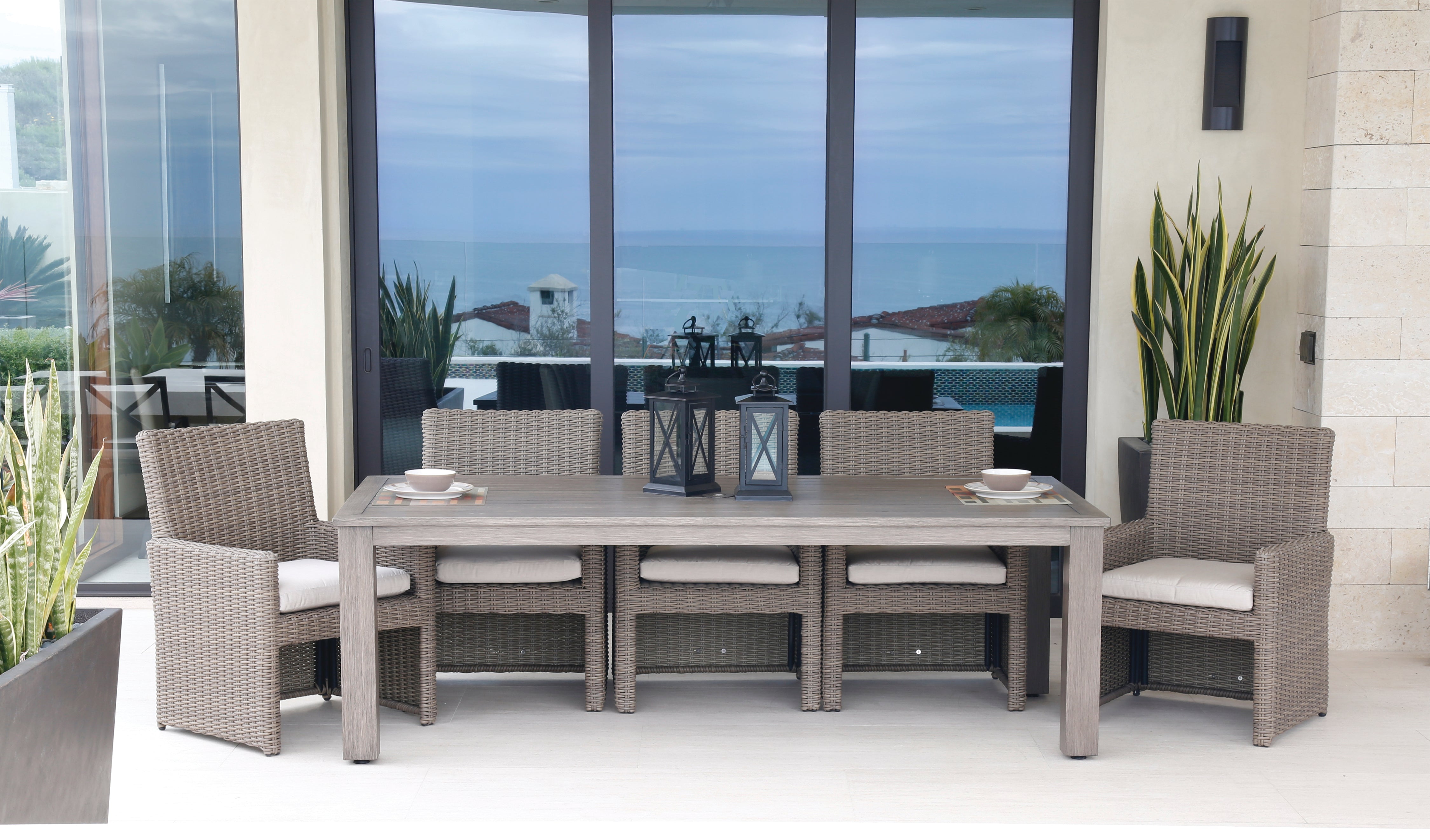 Sunset West Coronado Casual Dining Chair with Driftwood Resin Wicker and Comfortable Plush Seating for a Sophisticated Dining Experience
