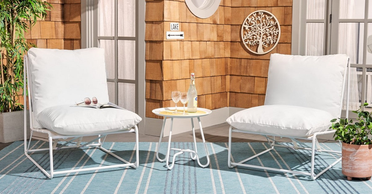Archie 3-Piece Outdoor Set: Stylish White Steel Chairs with Beige Cushions and Table