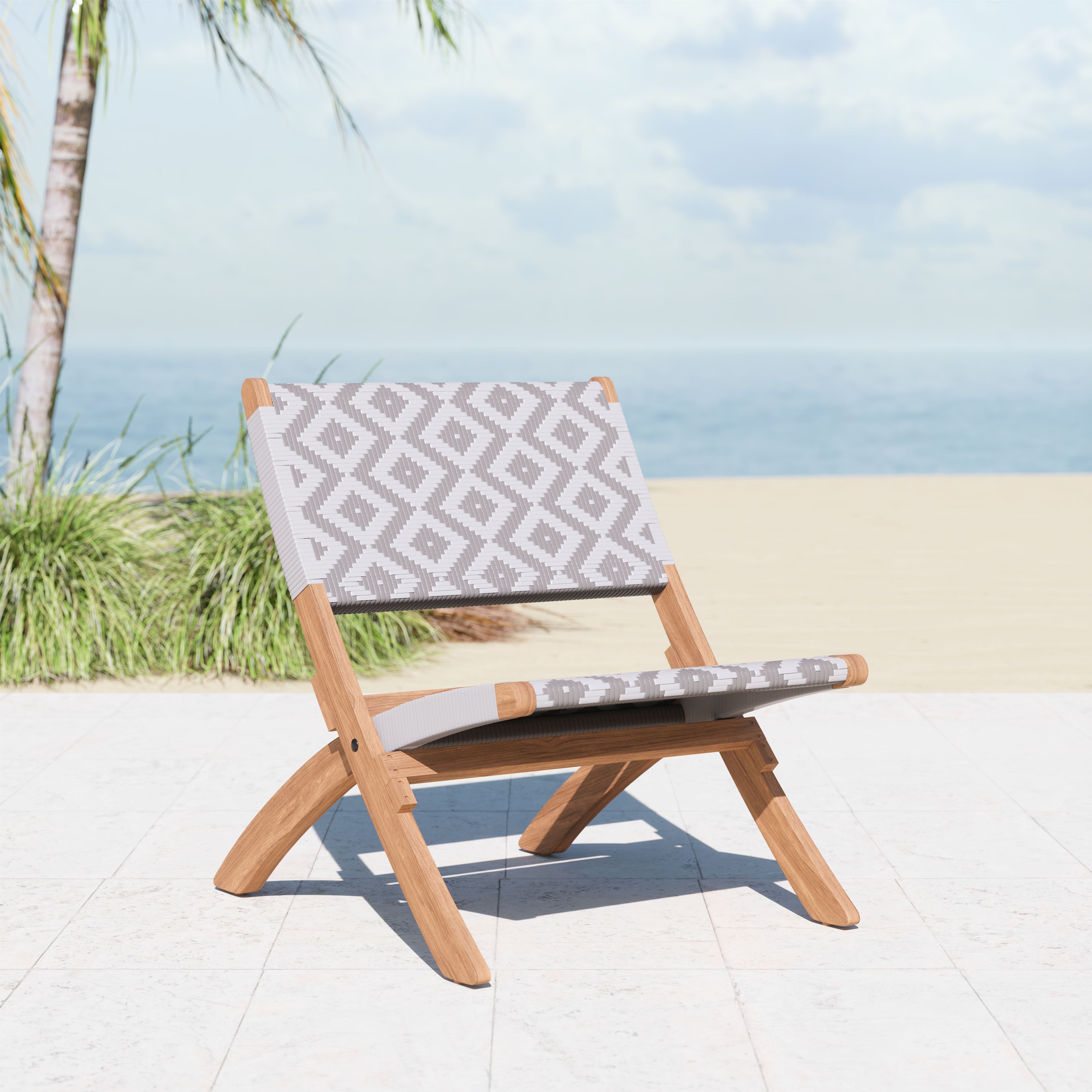 Modern Outdoor Tide Lounge Chair with Durable Acacia Wood Frame & Weather-Resistant Weave